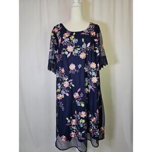Rabbit Rabbit Rabbit Women's Embroidered Shift Dress Size 22W Navy Floral Lace